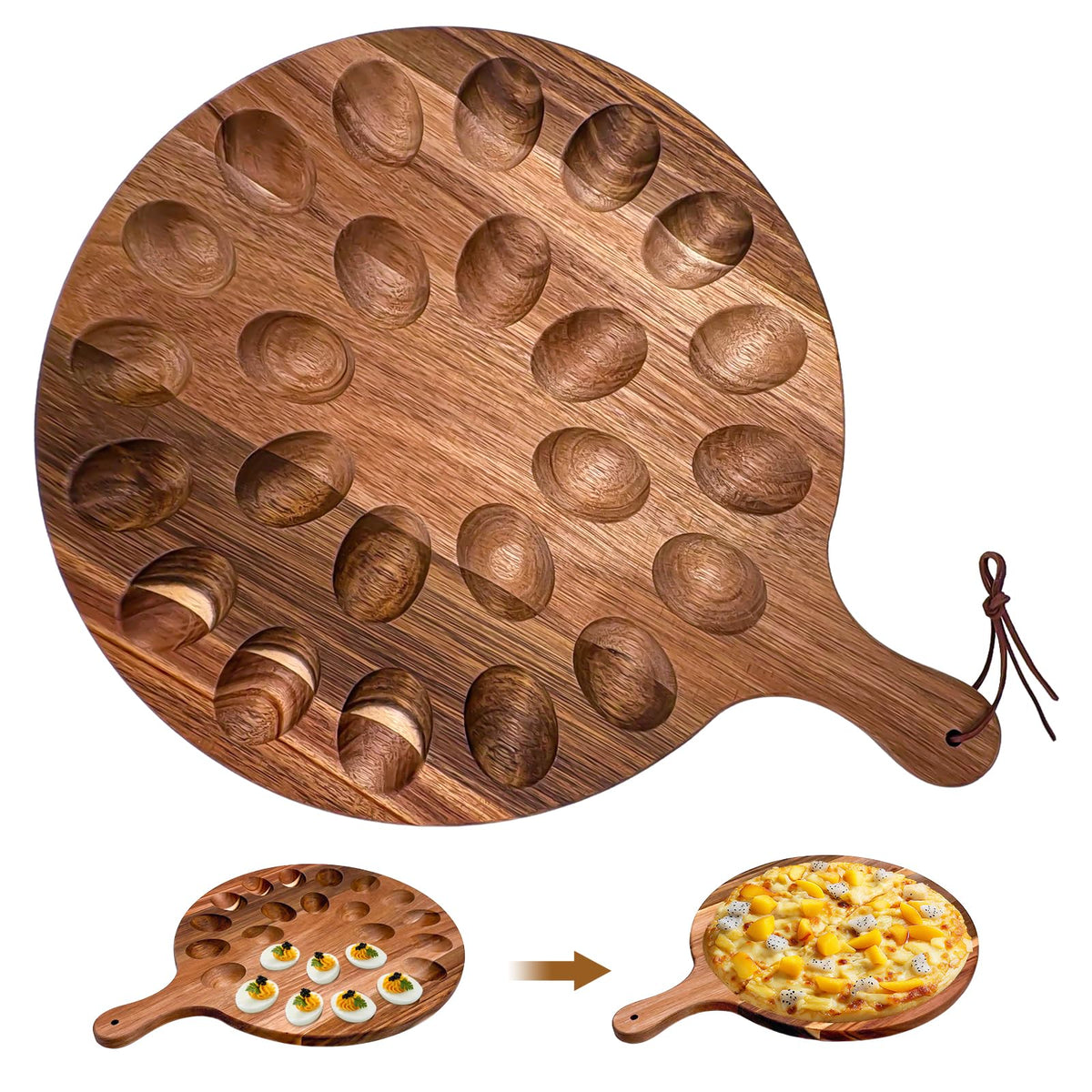 Cmaqpw deviled egg platter in acacia wood with 24 holes keeps eggs neatly organized for parties.