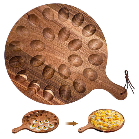 Cmaqpw deviled egg platter in acacia wood with 24 holes keeps eggs neatly organized for parties.