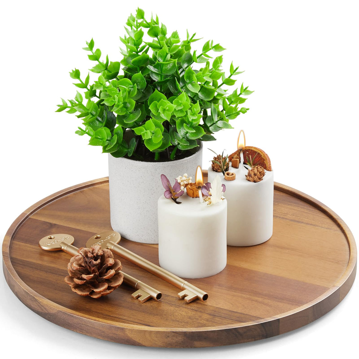 CMLKLZD acacia round tray top view shows size and smooth finish for serving