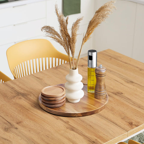 CMLKLZD acacia tray candle-holder setup creates an inviting centerpiece
