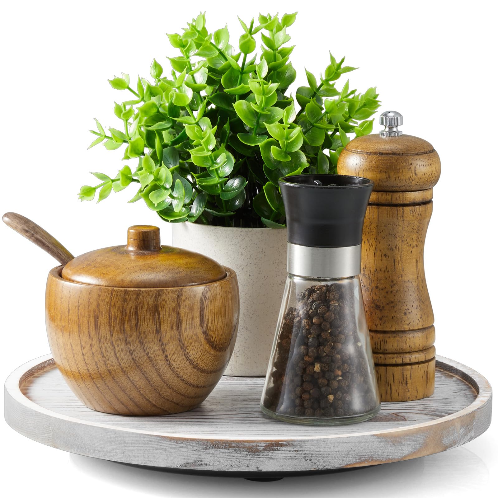 CMLKLZD wood lazy susan top view for easy access to condiments.