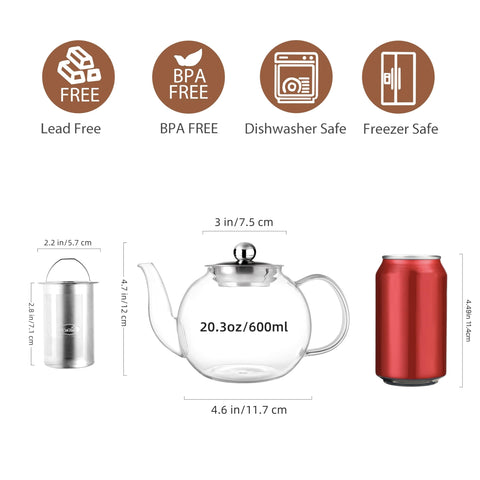 CNGLASS 600ml teapot top view highlights wide mouth for filling and cleaning