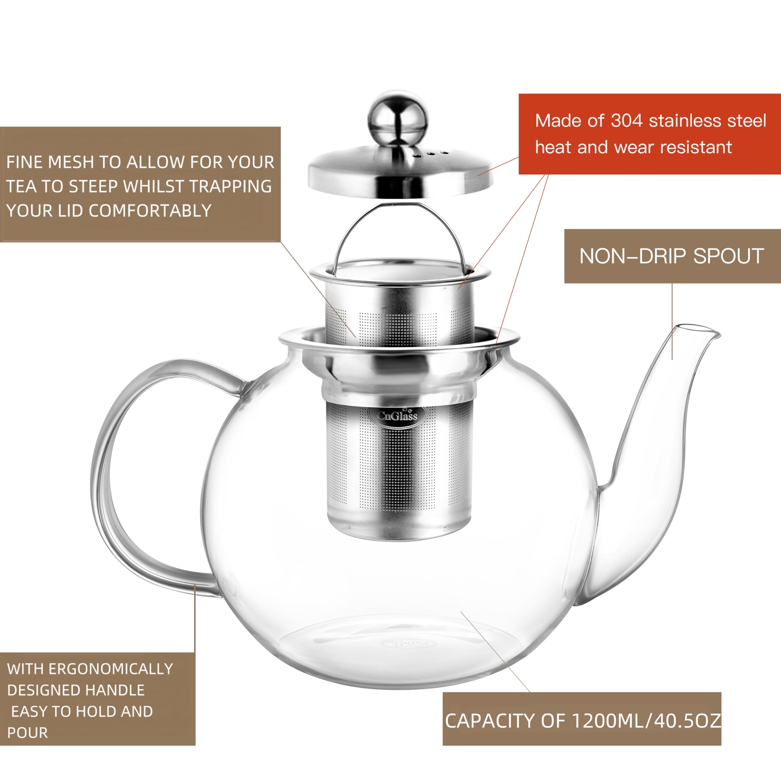 CNGLASS 40oz teapot with borosilicate glass for heat resistance and long-lasting daily use.