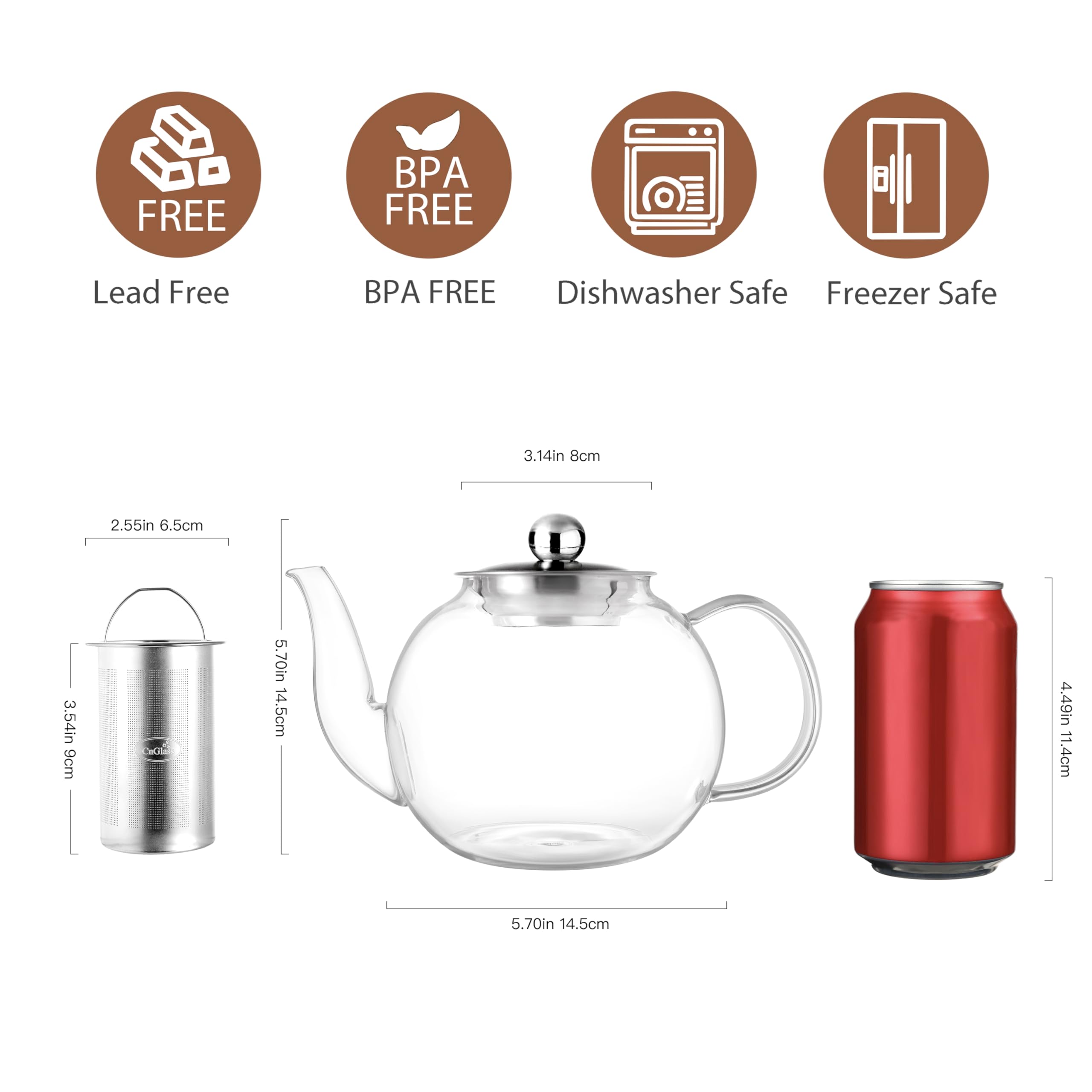 CNGLASS 40oz teapot offers clear visibility of tea color and infusion strength.
