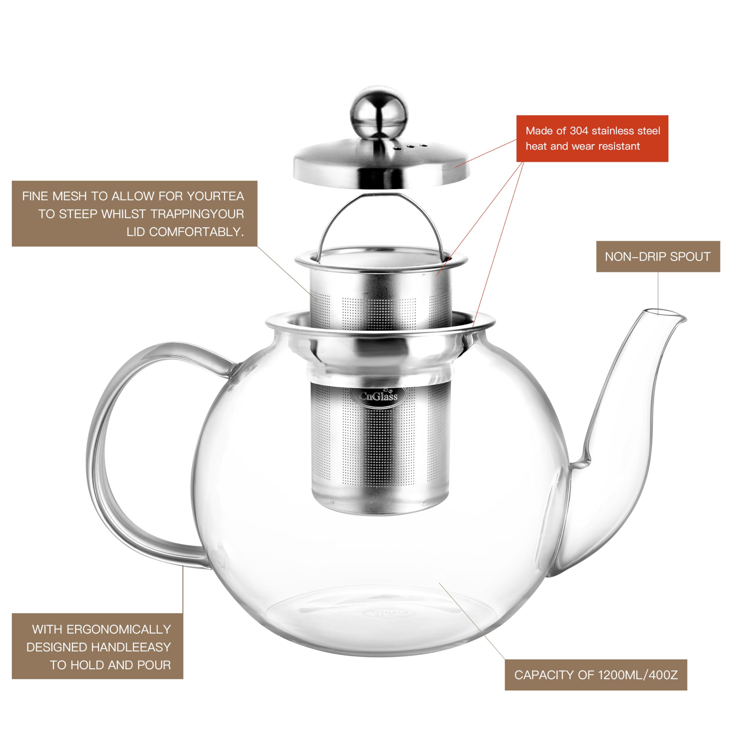 CNGLASS 40oz teapot stovetop safe for quick brews on gas or electric ranges.