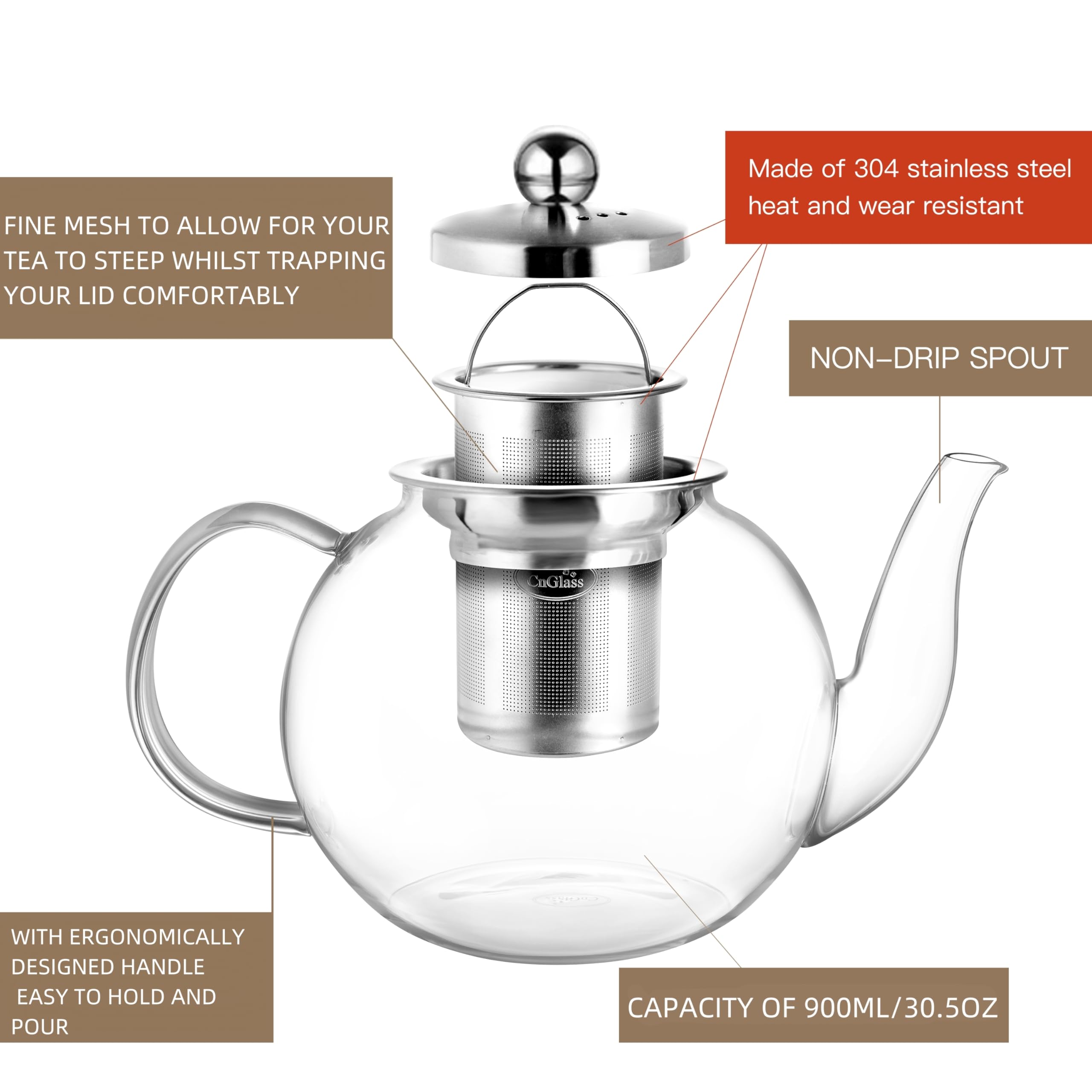 CNGLASS borosilicate glass teapot safe for microwave and stove heating
