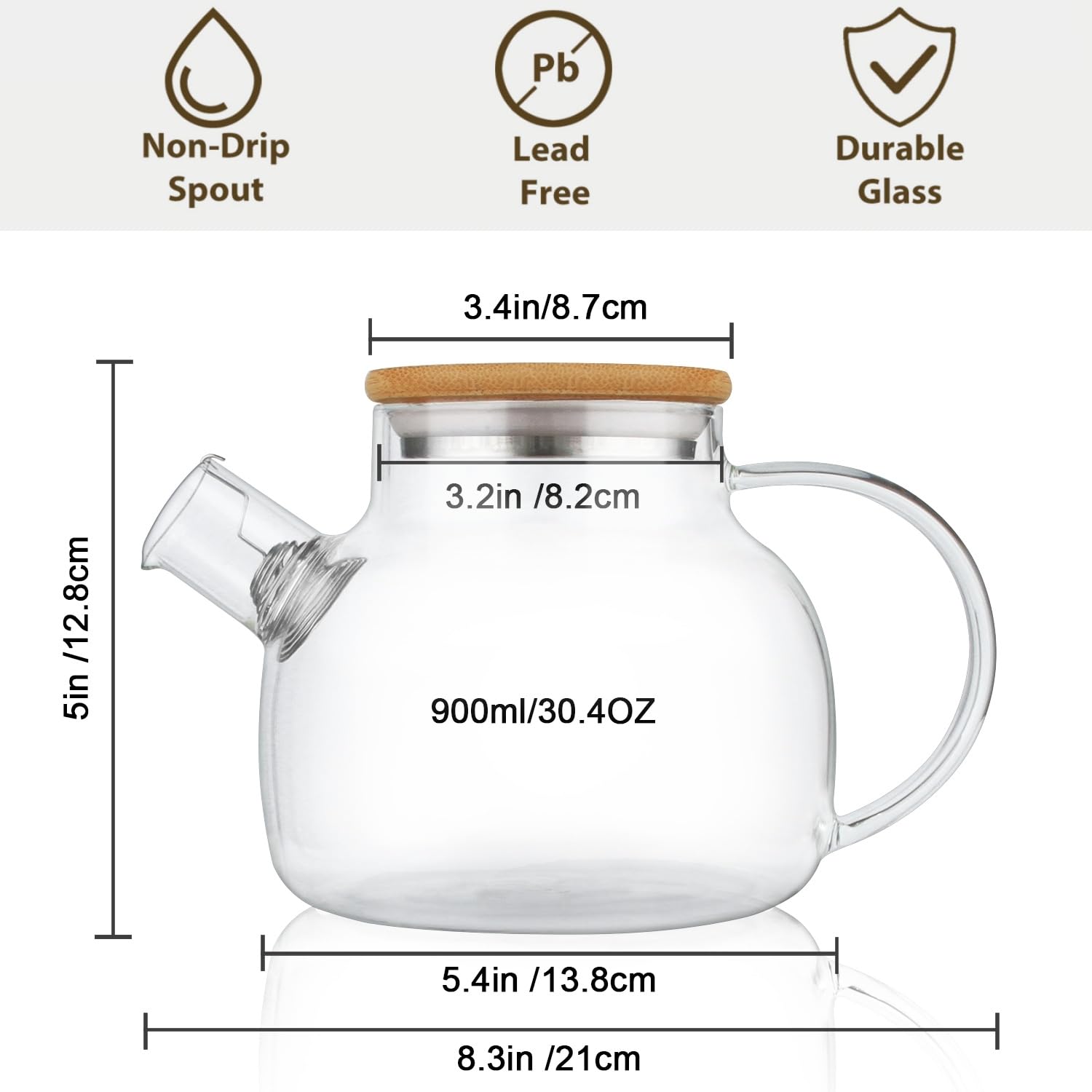CNGLASS teapot spout with removable infuser keeps loose leaves out.
