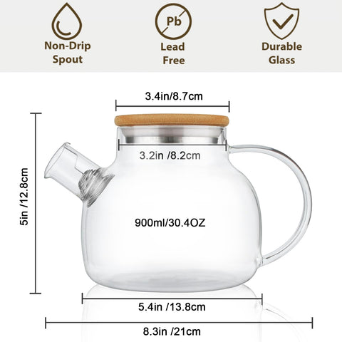 CNGLASS teapot spout with removable infuser keeps loose leaves out.