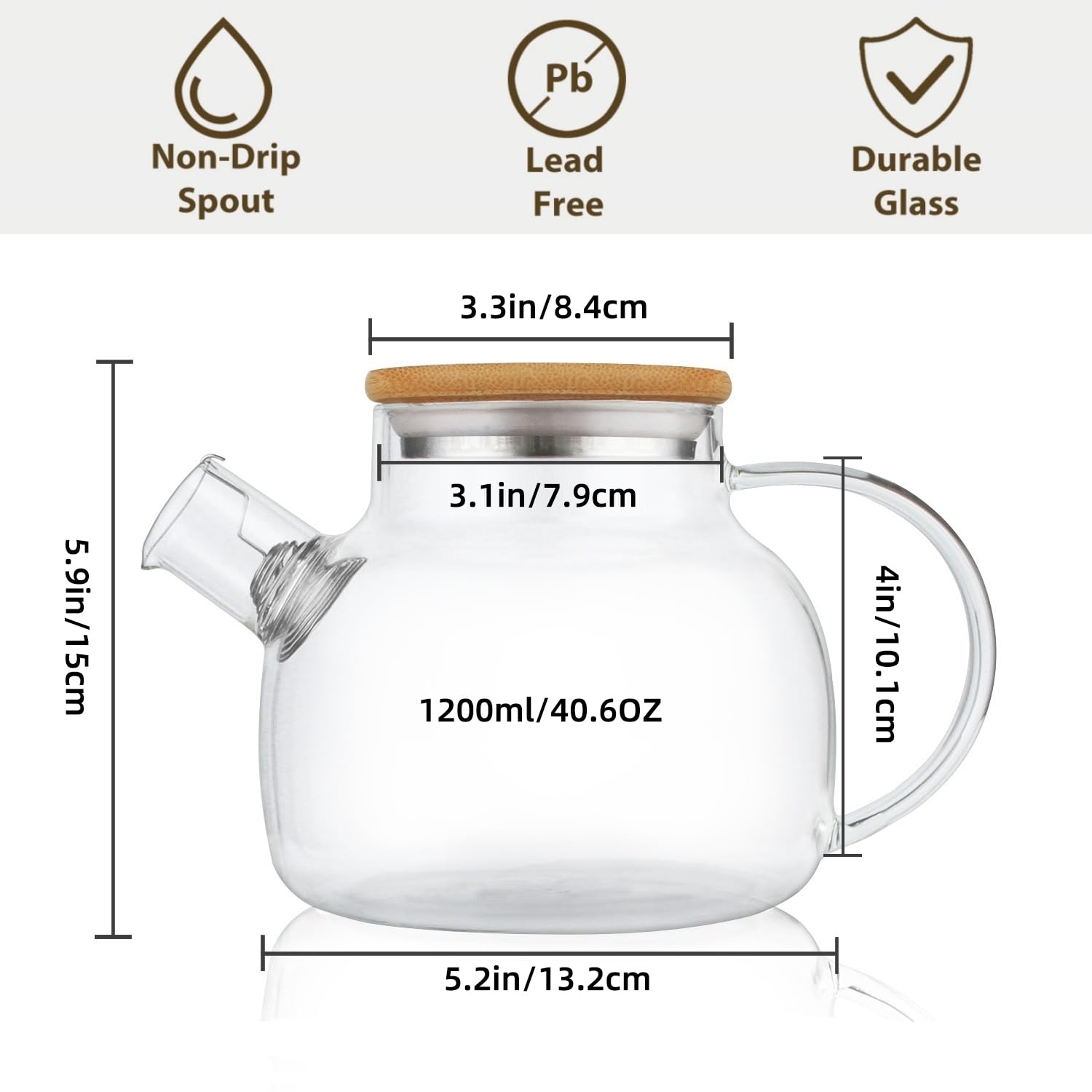 CNGLASS glass teapot removable metal infuser spout prevents loose leaves.