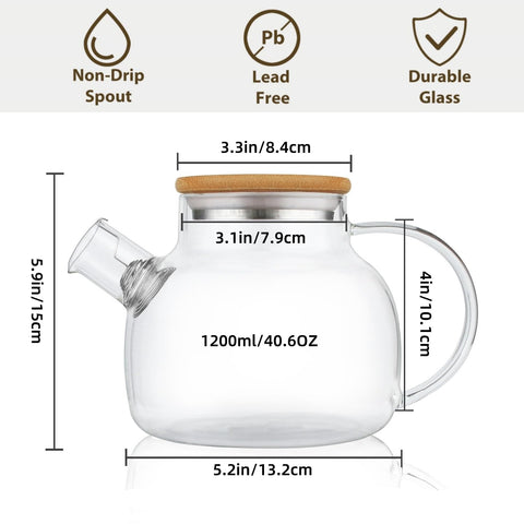 CNGLASS glass teapot removable metal infuser spout prevents loose leaves.