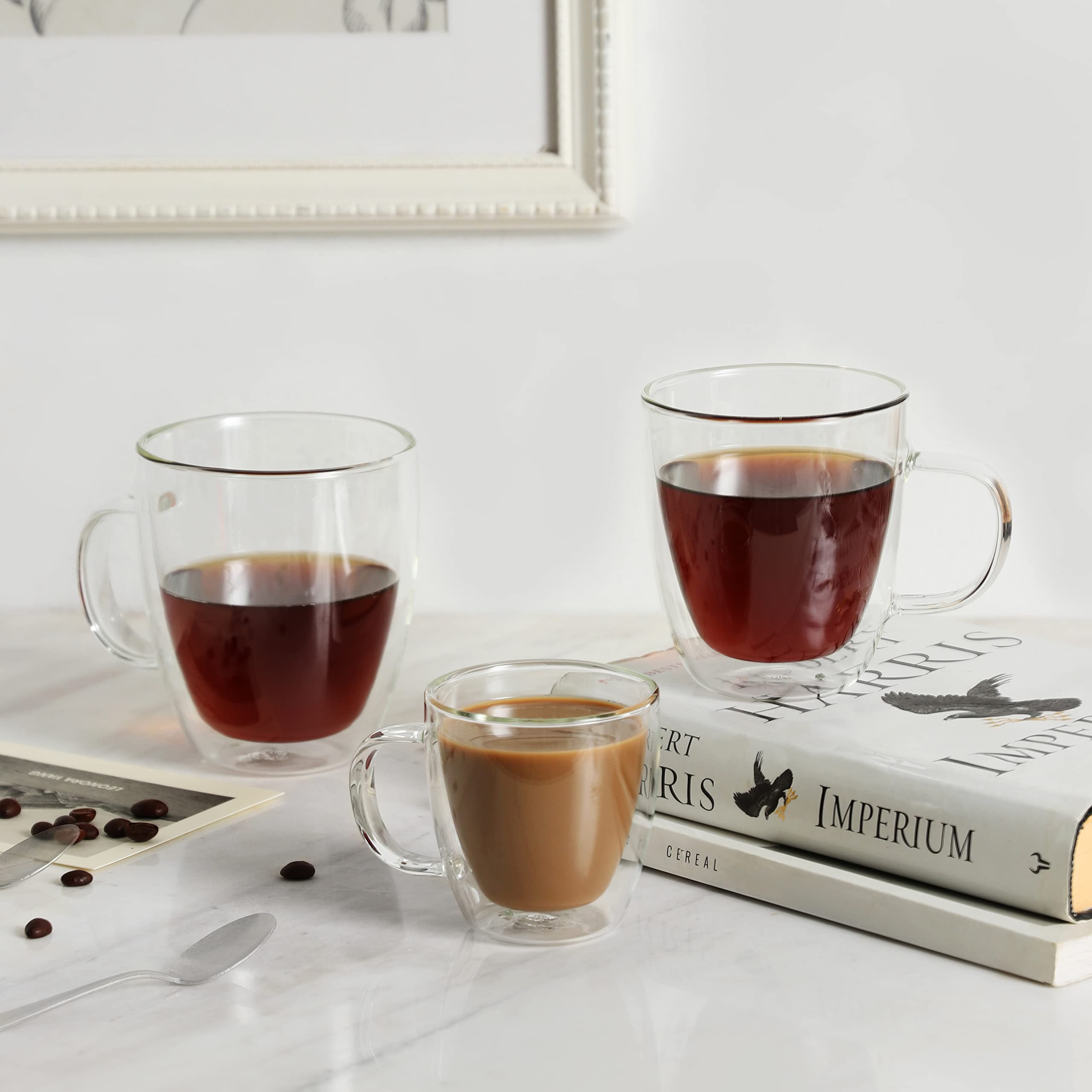 CNGLASS four-mug set displayed on kitchen shelf invites daily coffee rituals.