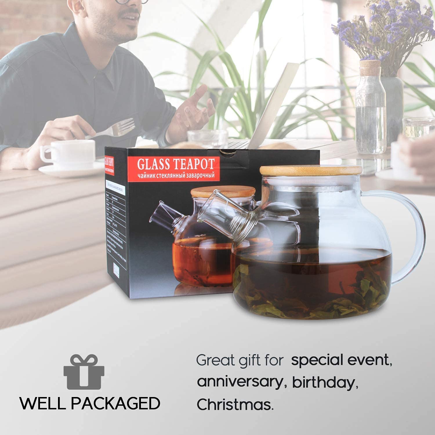 CNGLASS teapot removable filter keeps cups clean and clear.