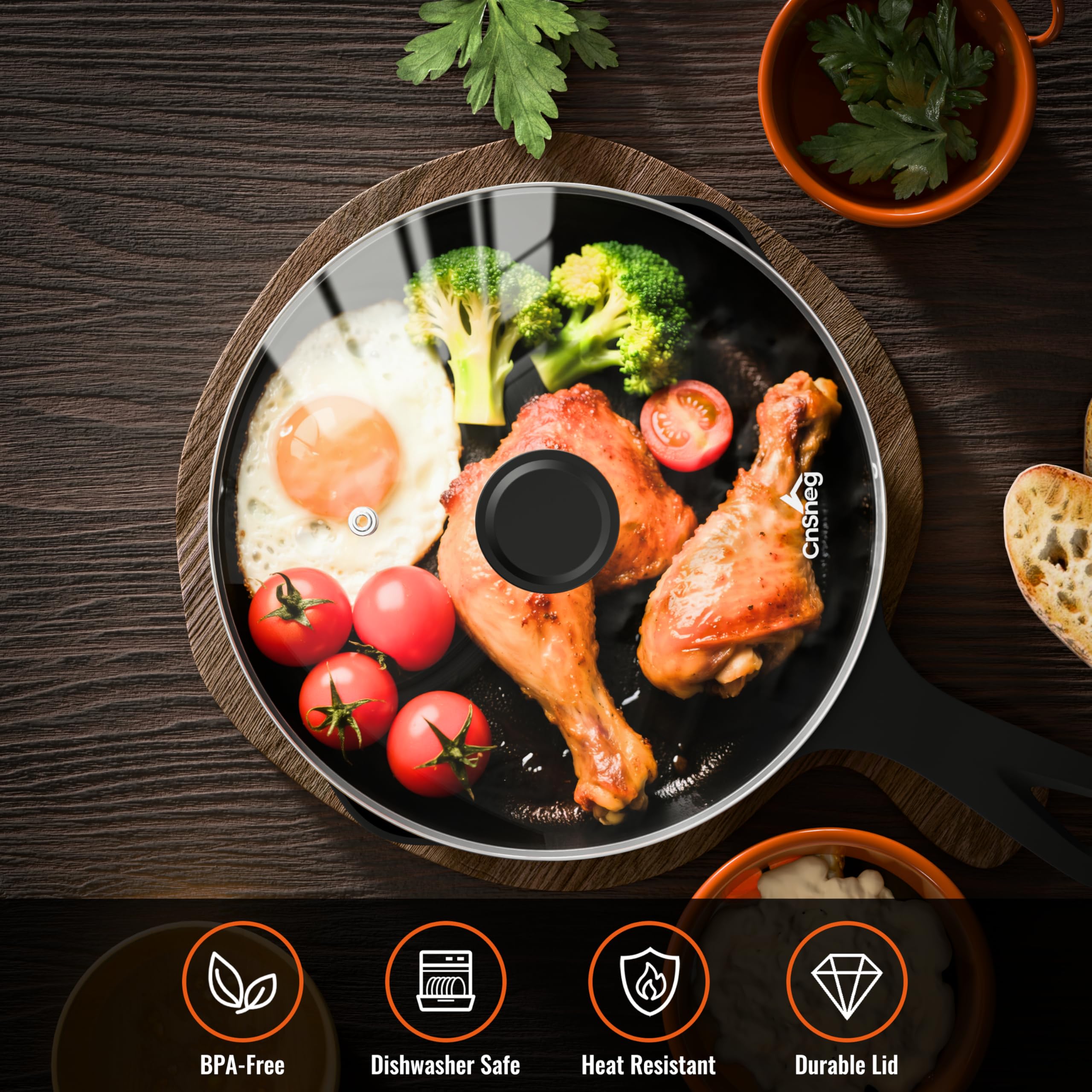 CnSneg oven-safe lid up to 450°F supports quick oven finish