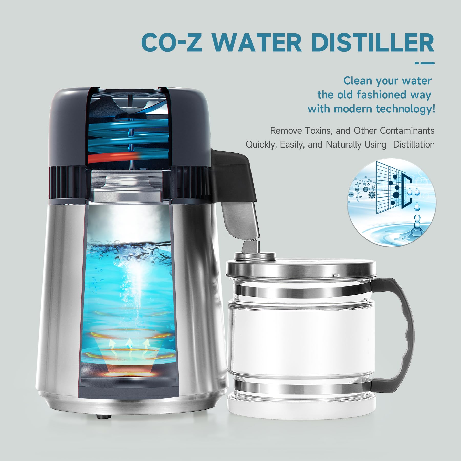 CO-Z 4L Distiller glass pot inside view highlights clear monitoring.