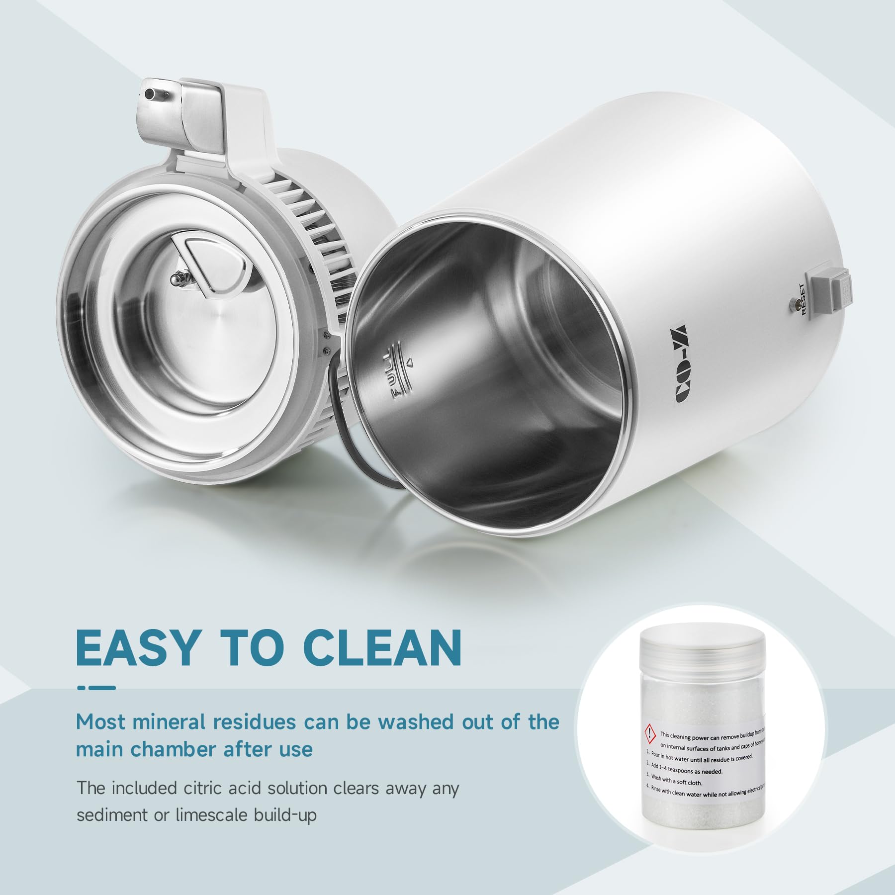 CO-Z distiller cleaning powder included simplifies maintenance routine.