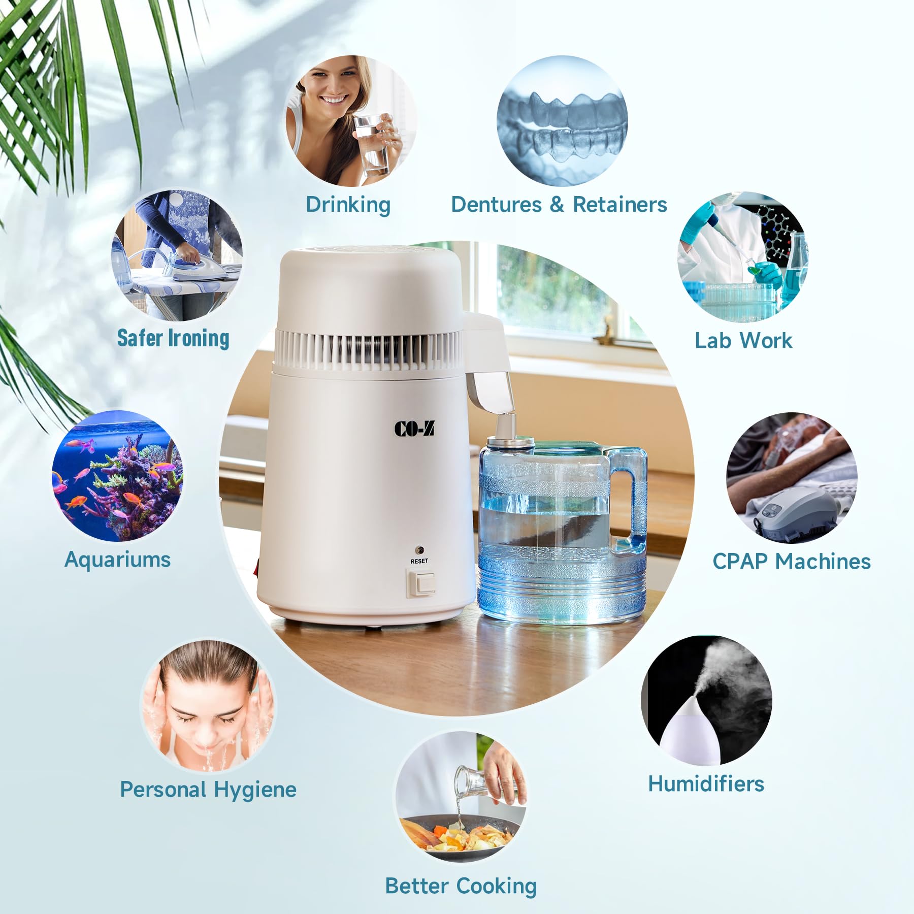 CO-Z distiller water collection container provides ready-to-use purified water.