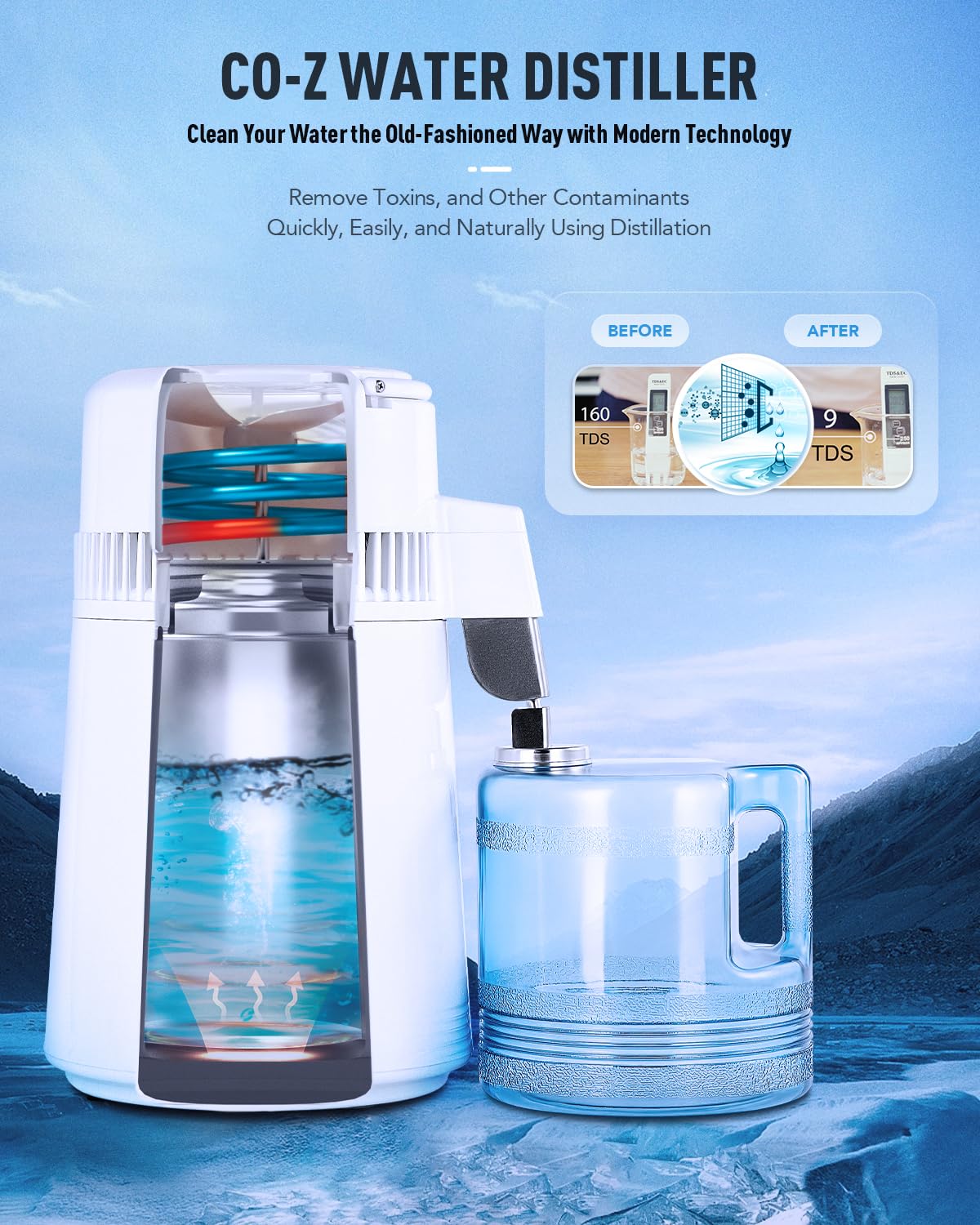 CO-Z distiller control panel with simple settings for consistent purification at home.