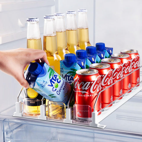 Coanto drink organizer in fridge front view showing 3-row capacity for easy access.