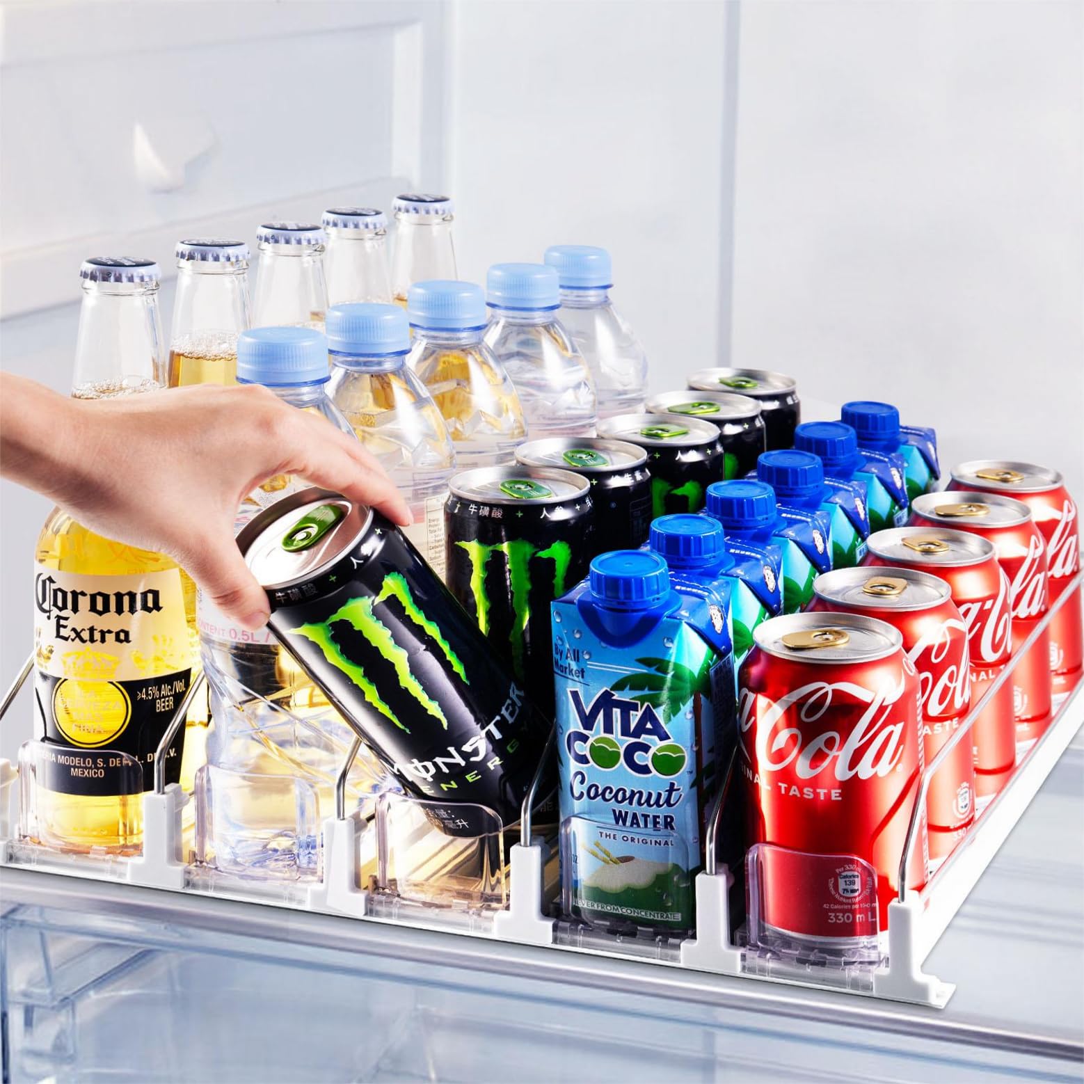 Coanto fridge drink organizer with 5-row front view keeps beverages neatly displayed.
