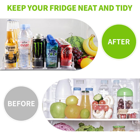 Coanto drink organizer fridge shows adjustable width to fit larger bottles.