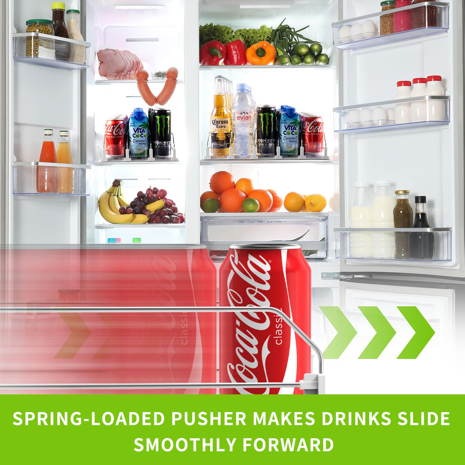Coanto soda can dispenser for fridge demonstrates automatic pushing for easy access.
