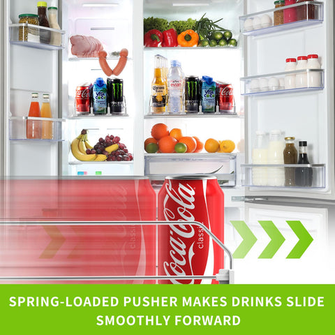 Coanto soda can dispenser for fridge demonstrates automatic pushing for easy access.