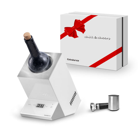 Cobalance wine chiller outer design on a table for stylish wine service.