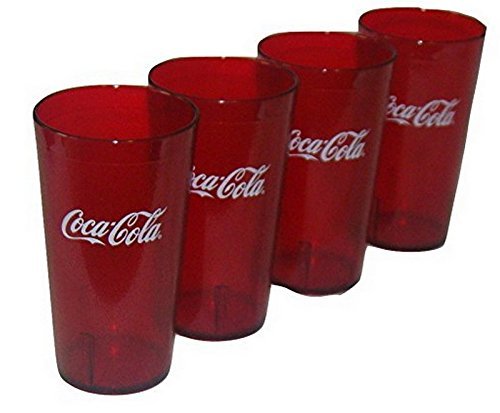 Coca-Cola logo on ruby red 16oz tumbler, four-pack, durable for everyday use.