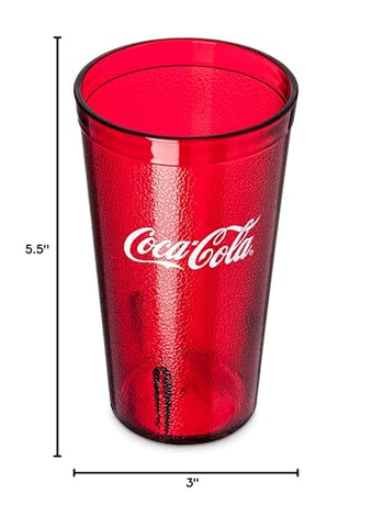 Coca-Cola ruby-red tumbler with white logo, side view, stackable and easy to store.