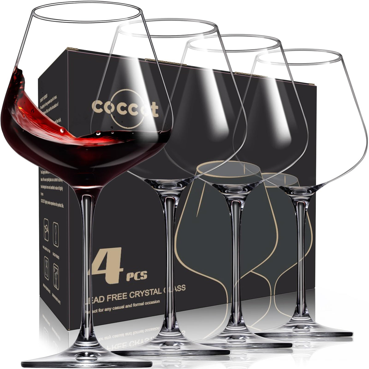 Coccot red wine glasses set of four, hand-blown crystal, enhances clarity and color