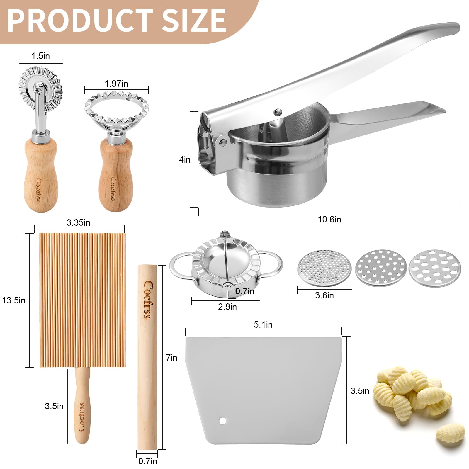 Cocfrss potato ricer with three discs for smooth mashed potatoes and vegetables.