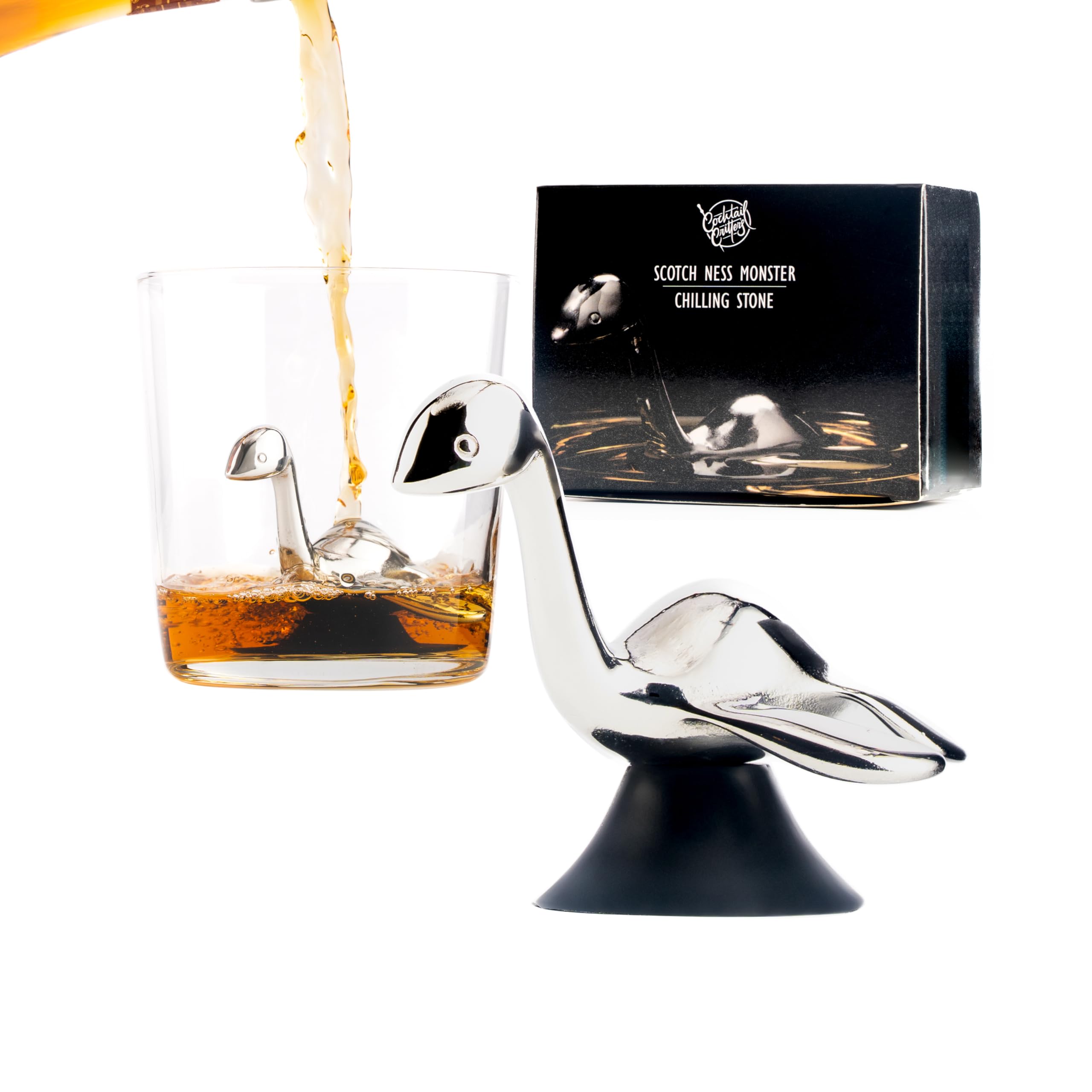 Cocktail Critters Loch Ness stone in glass for cool, non-diluted whiskey.