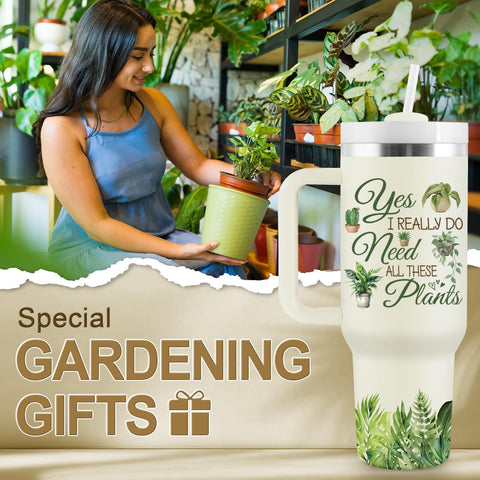 COCOGIFTS plant lovers tumbler pattern adds style during outdoor garden sessions.