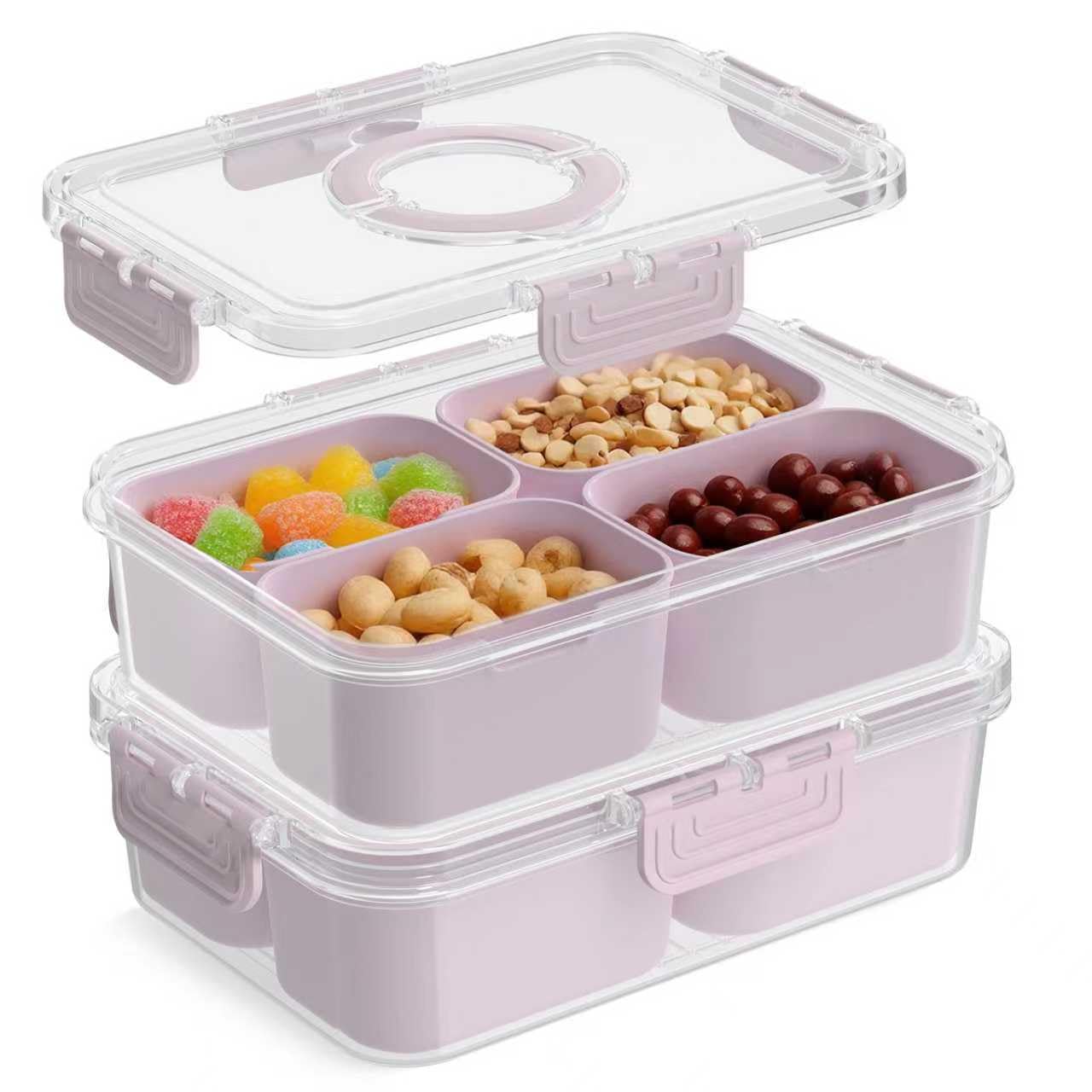 Codiekey Snackle Box with 4 compartments and pink lid for organized snacking.