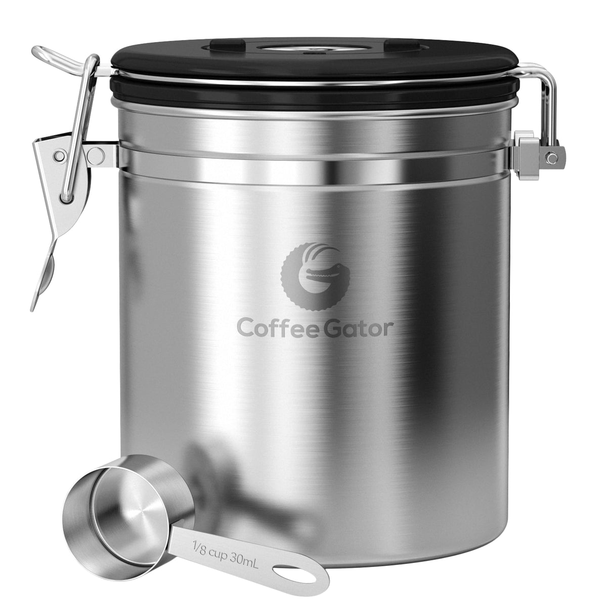 Coffee Gator 16oz airtight canister keeps coffee fresh and flavorful.