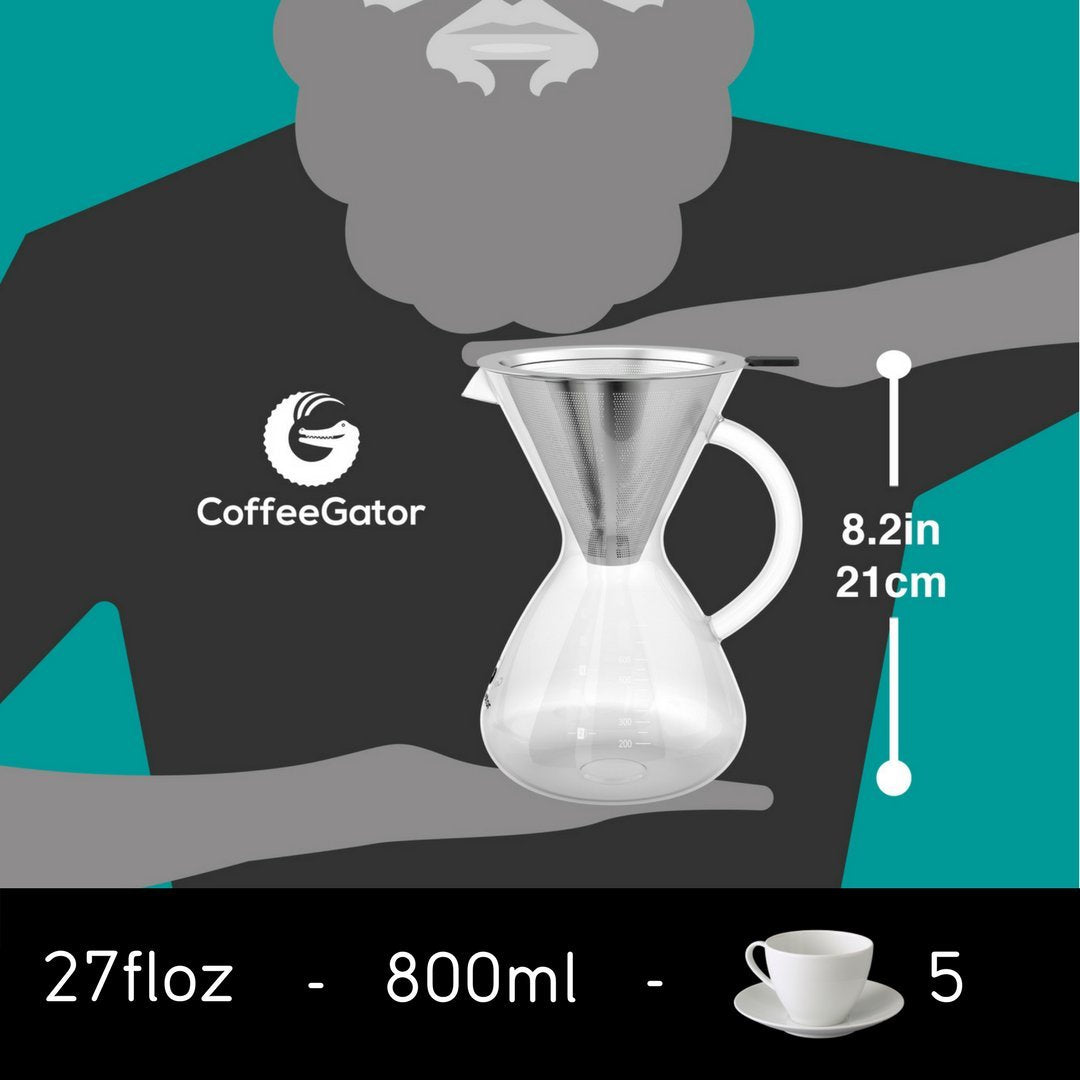 Coffee Gator 27oz glass carafe ready for multiple cups