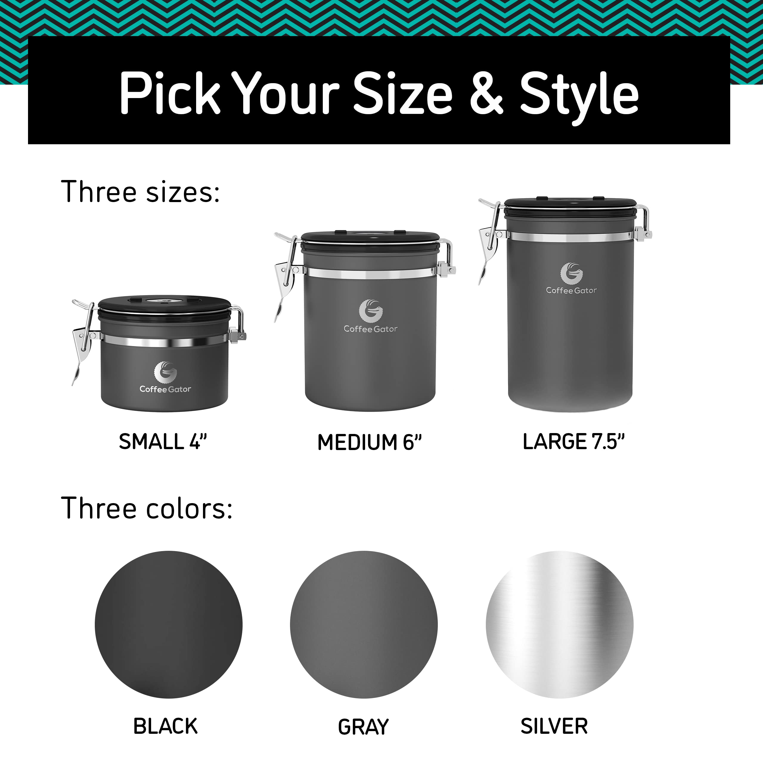 Coffee Gator beans inside canister stay protected from exposure.