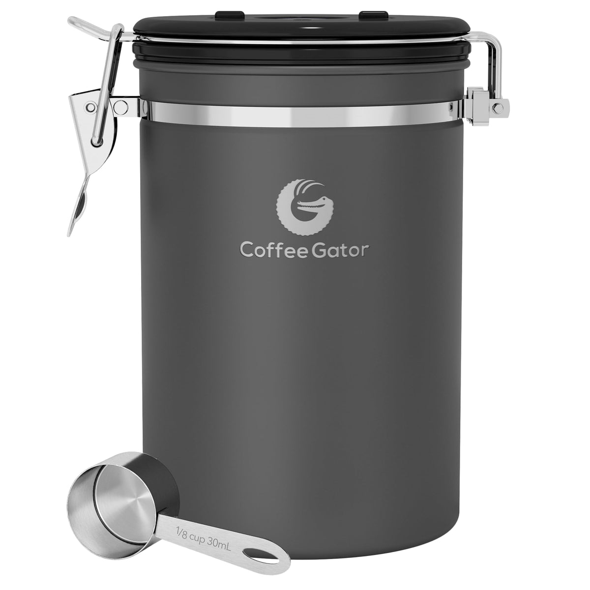 Coffee Gator canister with airtight lid keeps coffee beans fresh longer.