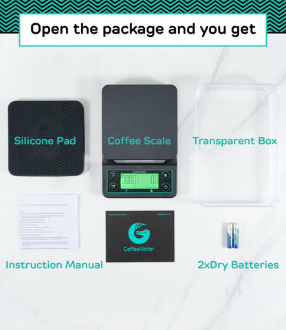 Multi-use Coffee Gator scale suited for brewing and baking tasks.