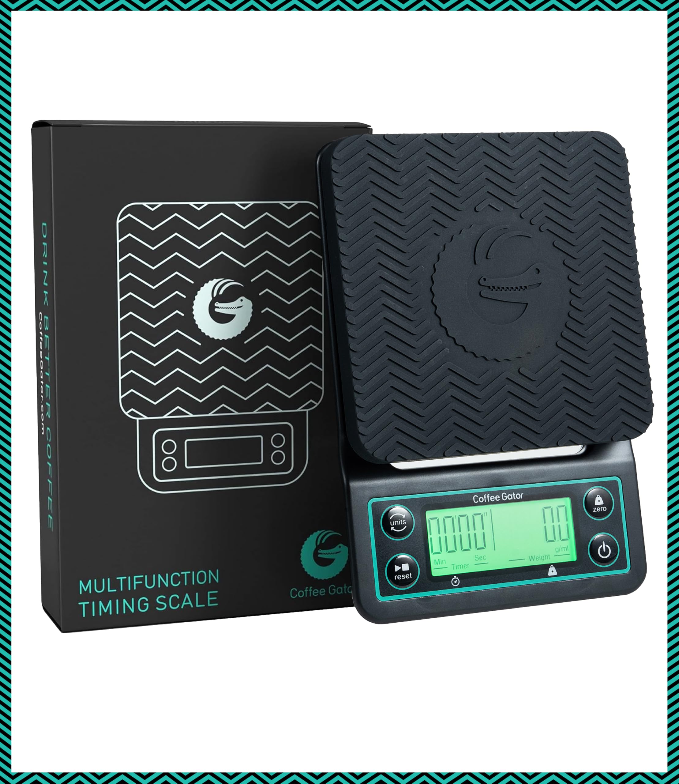 Portable Coffee Gator scale powered by batteries for on-the-go use.
