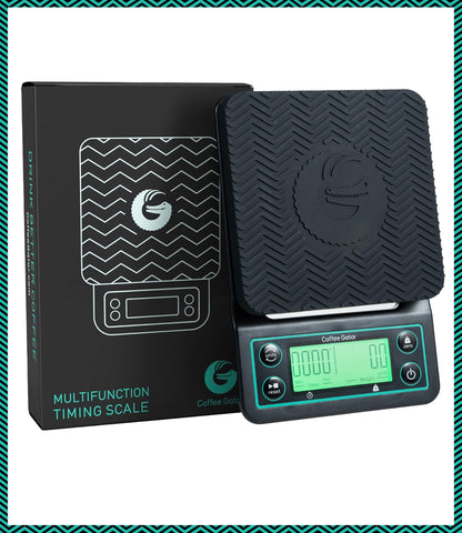 Portable Coffee Gator scale powered by batteries for on-the-go use.