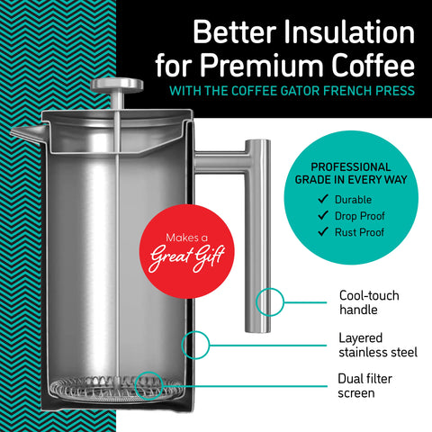 Coffee Gator double-wall insulated body keeps coffee hot longer.