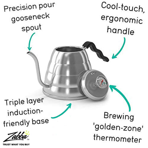 Coffee Gator kettle's 304 stainless steel resists rust and mineral buildup