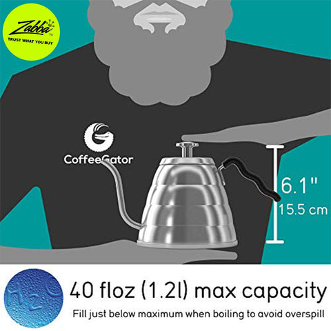Coffee Gator gooseneck kettle delivers a steady 2.5 mm/s pour for even extraction