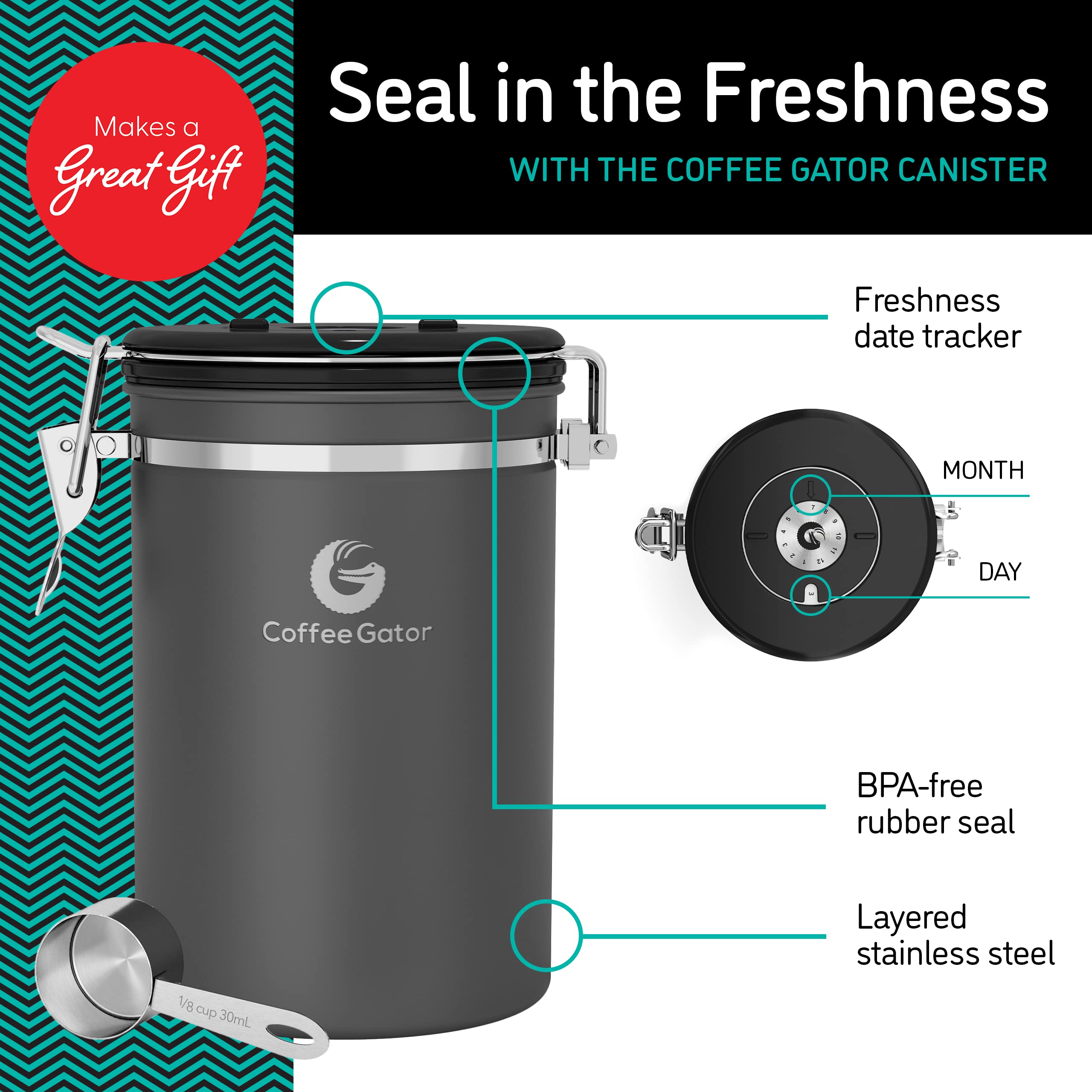 Coffee Gator lid with freshness valve vents CO2 and seals airtight.