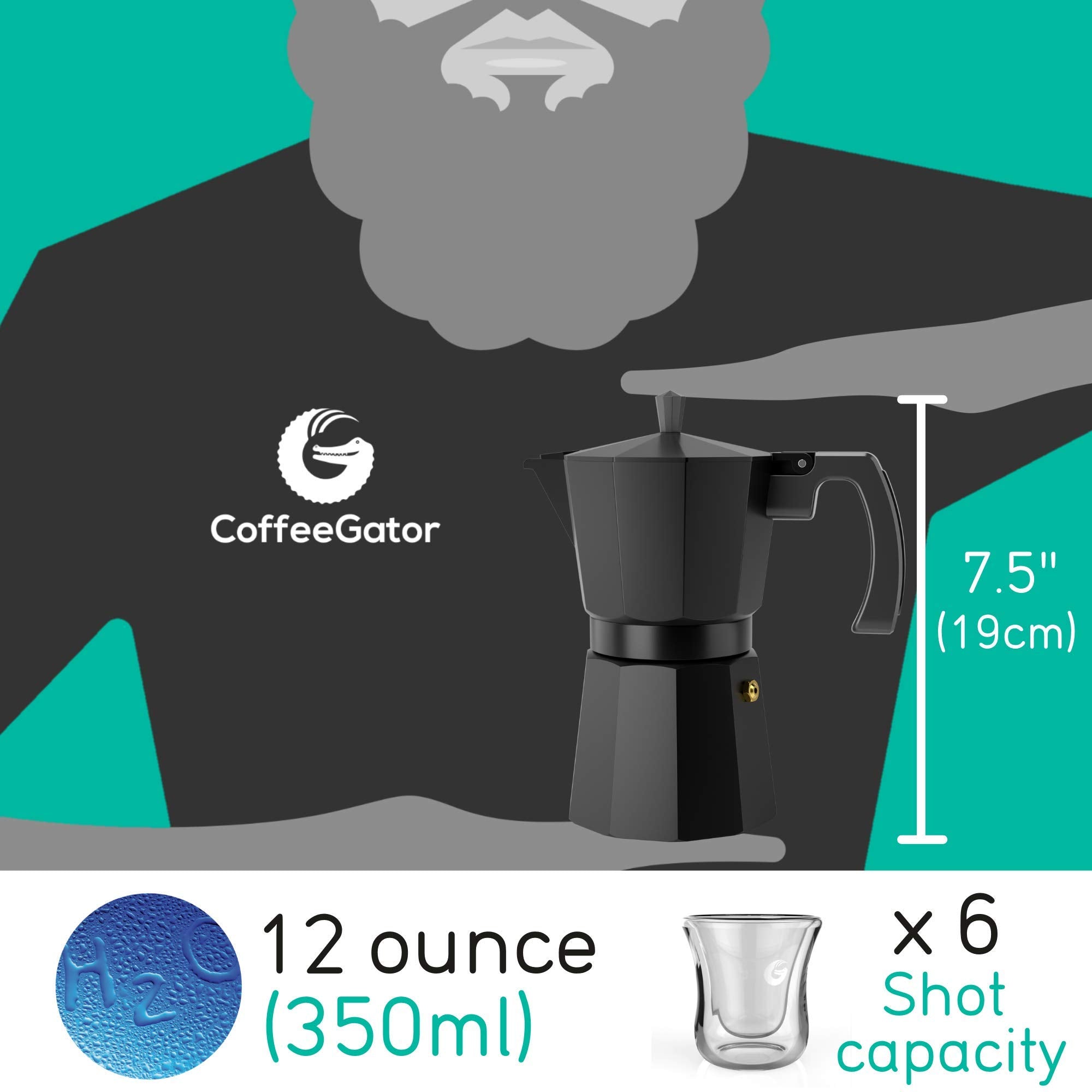 Coffee Gator Moka Pot coffee basket holds grounds for rich, velvety crema on every brew.