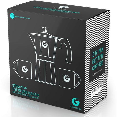 Coffee Gator Moka Pot cups included provide a complete, warm cup experience.