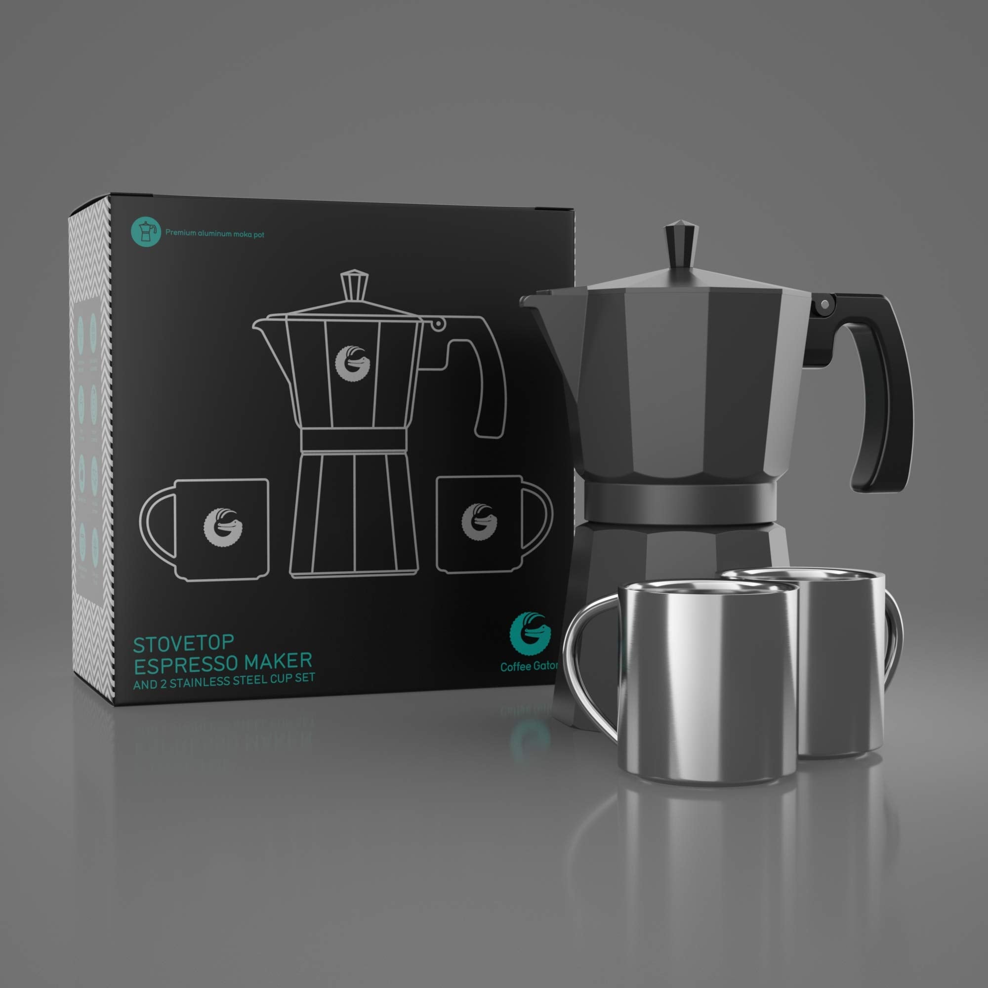 Coffee Gator Moka Pot metal body delivers durable design for dependable stovetop espresso.