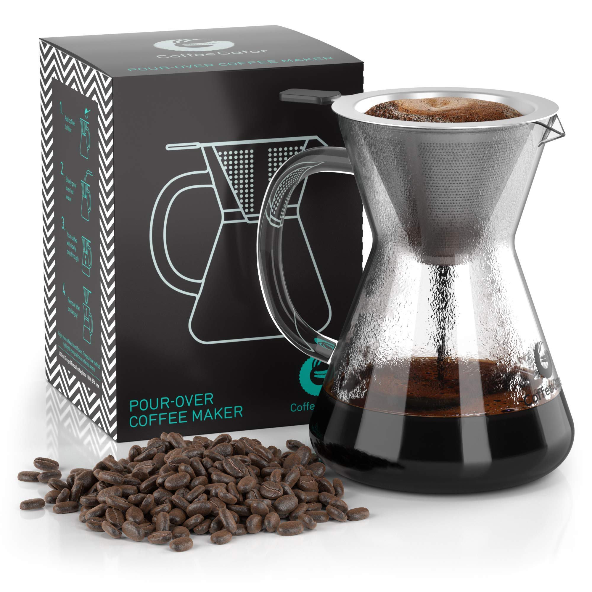 Coffee Gator pour-over brewer 14oz glass shows clear, crisp coffee potential