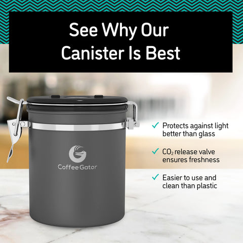 Coffee Gator scoop for sugar is integrated for quick, mess-free measuring.